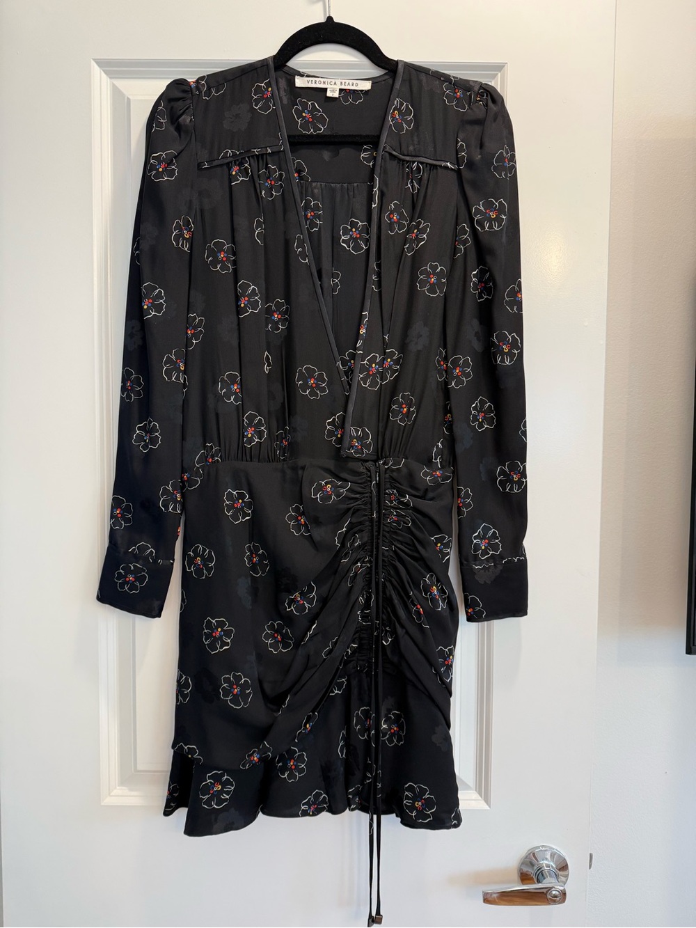 VERONICA BEARD Anders Black Floral Drawstring Ruched Dress